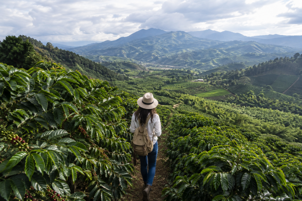 Viajera entre cafetales del Eje Cafetero colombiano