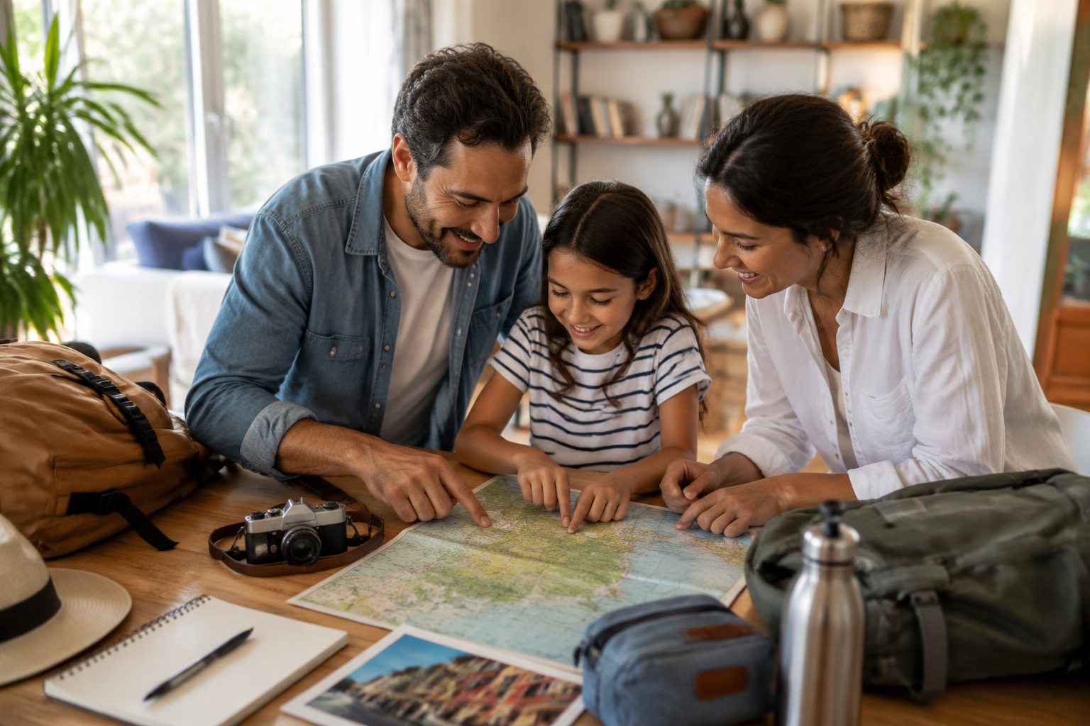 Cómo planificar un viaje familiar a Colombia: consejos para viajar con niños Familia organizando un mapa y mochilas para viajar a Colombia