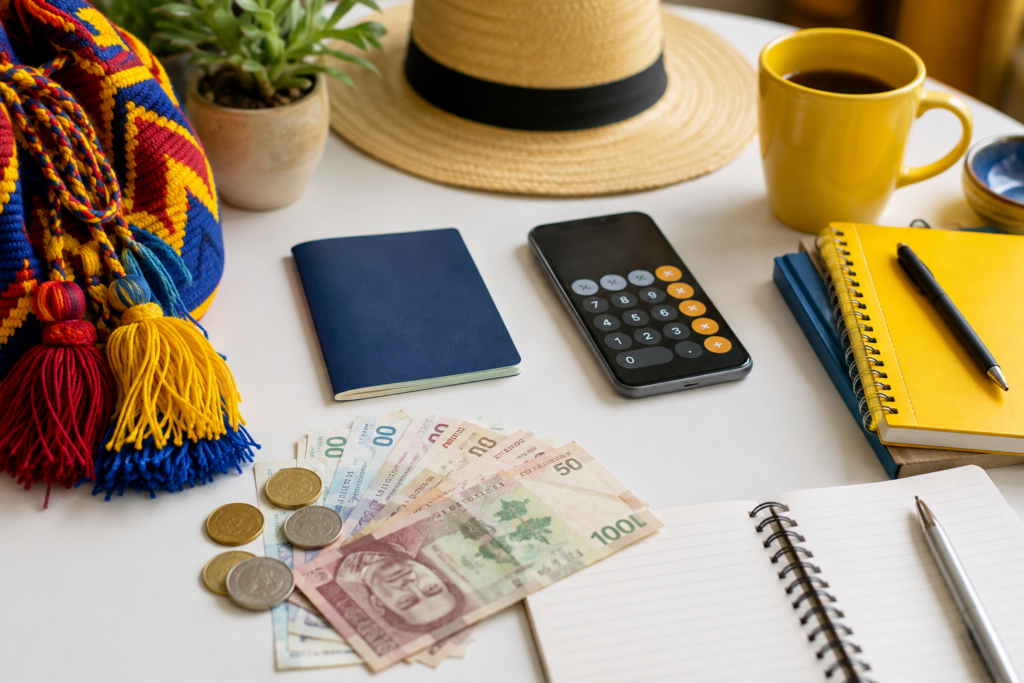 Pasaporte, pesos colombianos y calculadora para organizar un presupuesto de viaje