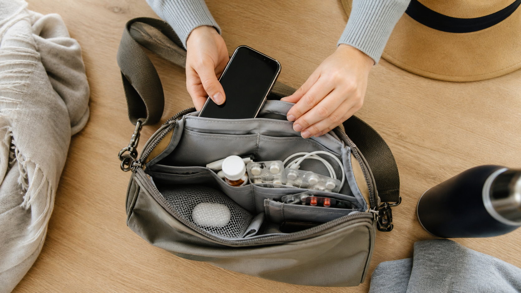 Bolso de mano abierto con teléfono, medicamentos y accesorios de viaje organizados en compartimentos. zona2.devbluedevs.com