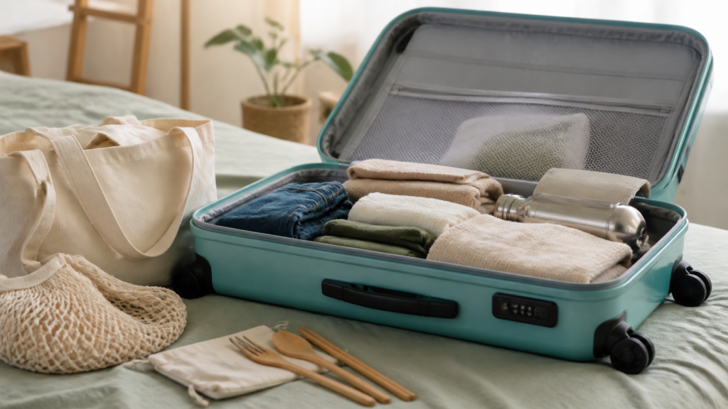 Maleta de viaje abierta con ropa y accesorios reutilizables organizados para un viaje responsable. zona2.devbluedevs.com