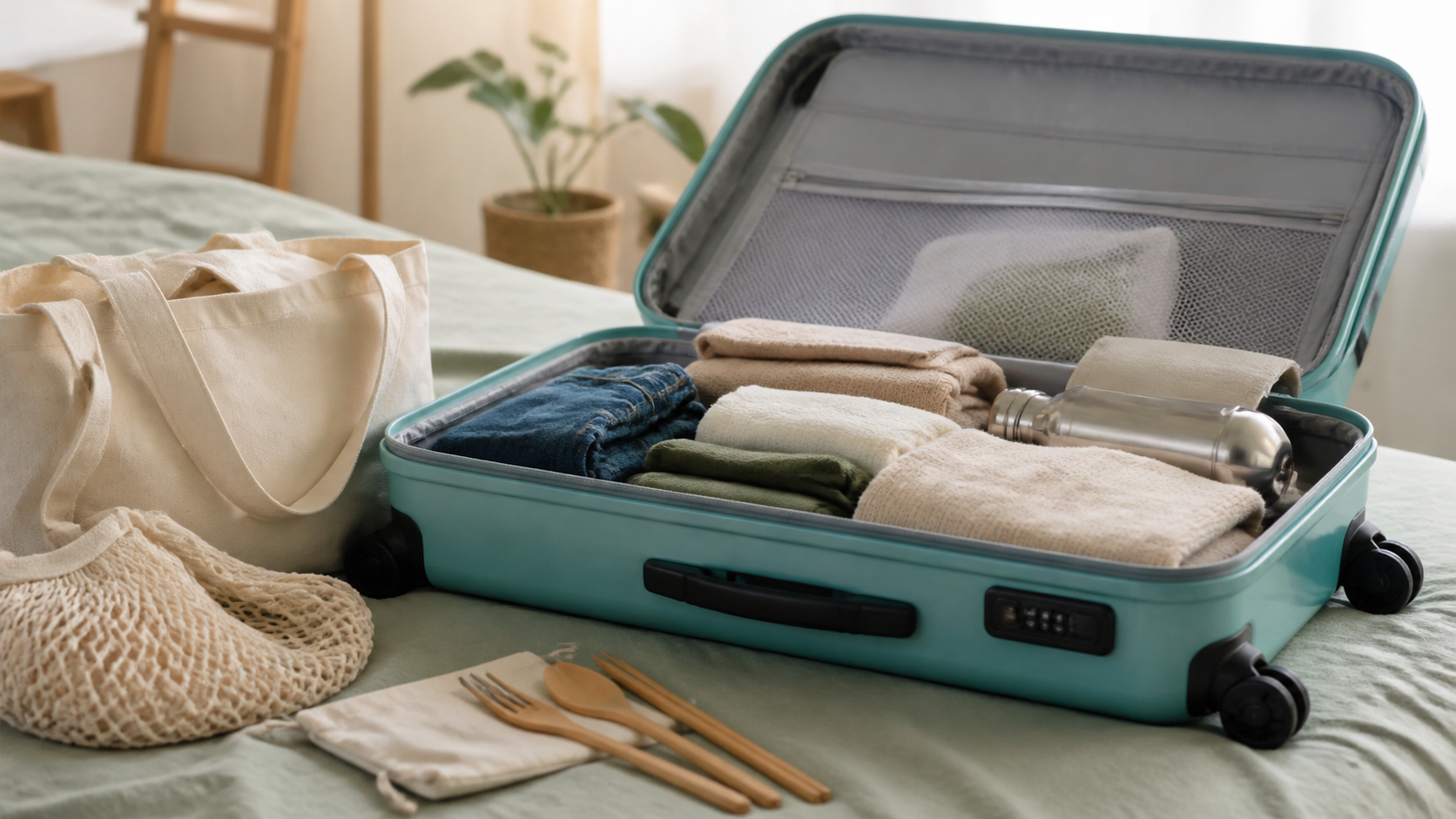 Maleta de viaje abierta con ropa y accesorios reutilizables organizados para un viaje responsable. zona2.devbluedevs.com