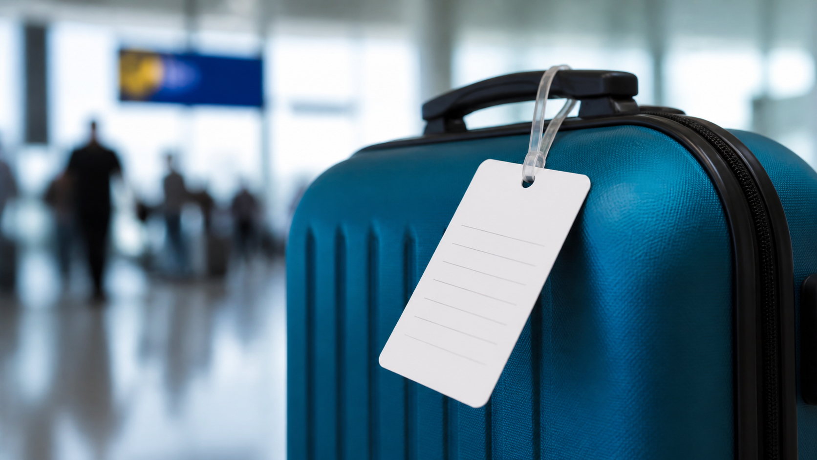 Etiqueta de identificación en una maleta azul de viaje dentro de una terminal de aeropuerto. zona2.devbluedevs.com