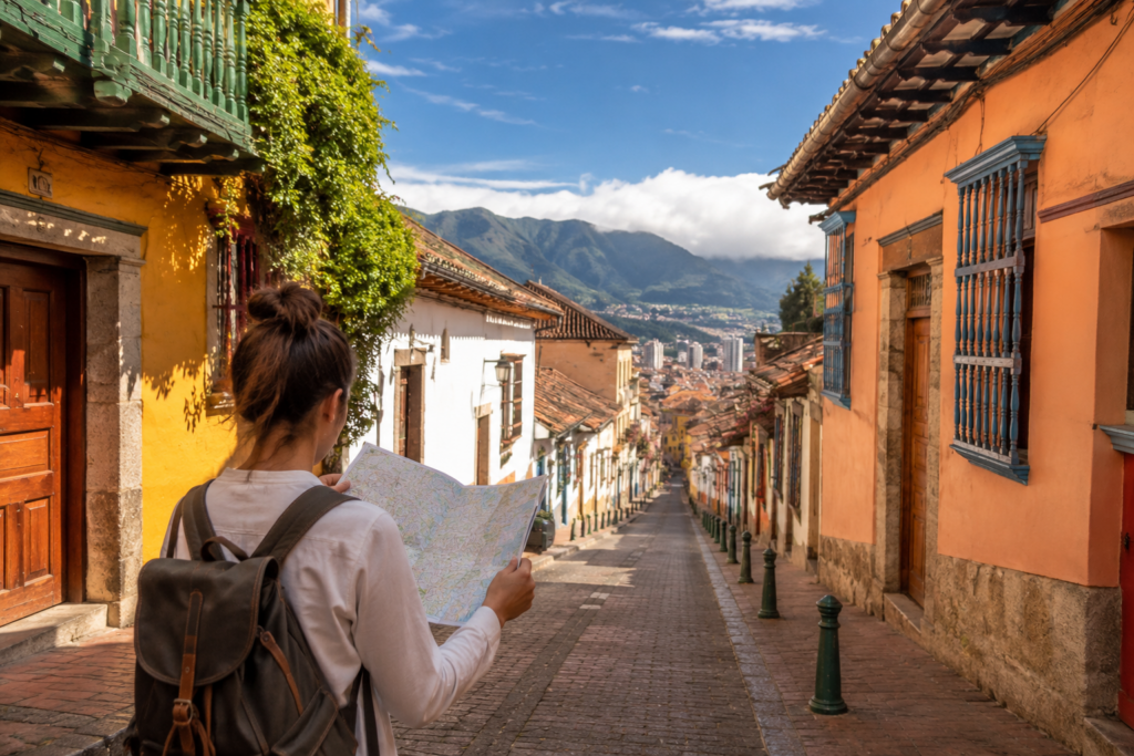 Viajera consultando un mapa en una calle histórica de Bogotá