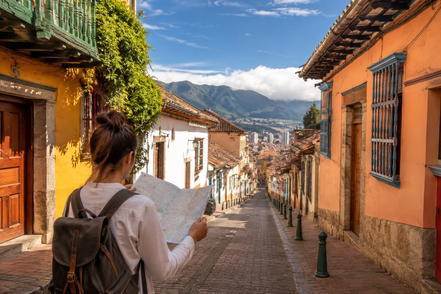 Itinerario por Colombia en 7 días: ruta recomendada para aprovechar el viaje Viajera consultando un mapa en una calle histórica de Bogotá