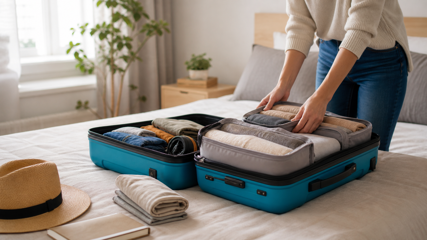 Maleta de viaje abierta con ropa doblada y cubos organizadores sobre una cama. zona2.devbluedevs.com