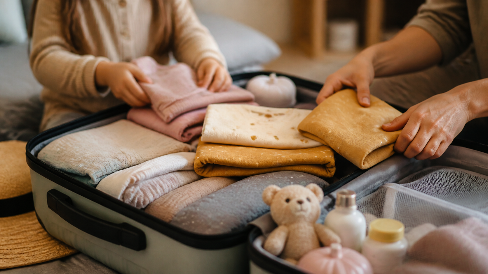 Familia organizando ropa y artículos infantiles dentro de una maleta abierta antes de un viaje. zona2.devbluedevs.com