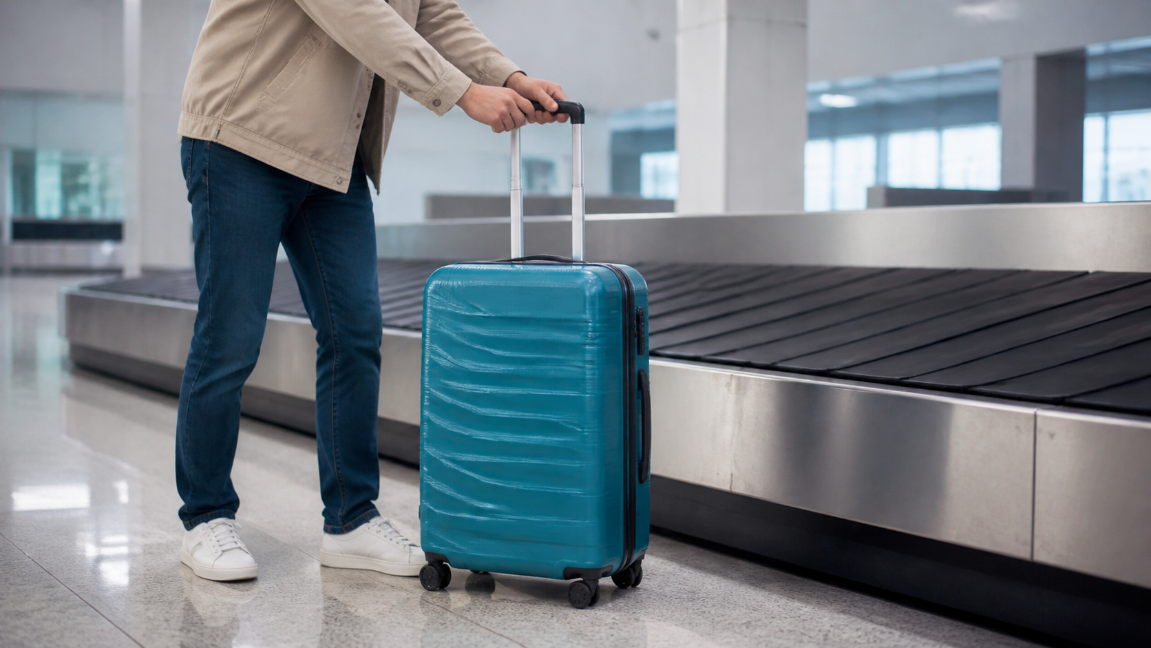 Persona manejando correctamente una maleta turquesa con el asa extendida junto a una banda de equipaje en un aeropuerto. zona2.devbluedevs.com