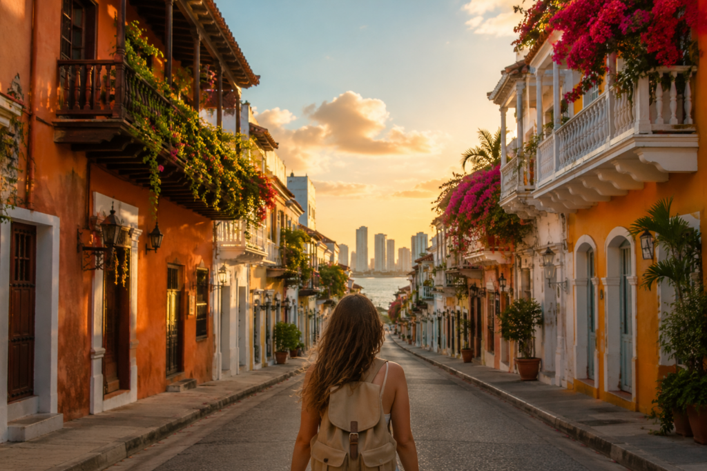 Calle colorida del centro histórico de Cartagena de Indias con una viajera