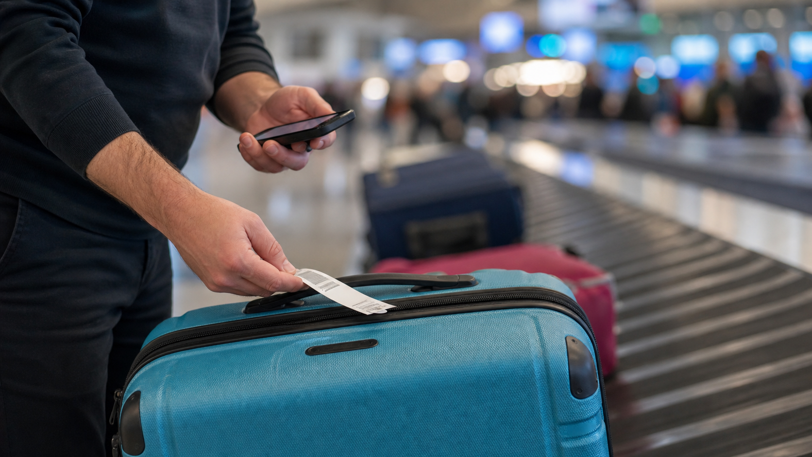 Persona verificando la etiqueta de una maleta azul en la zona de recogida de equipaje de un aeropuerto. zona2.devbluedevs.com