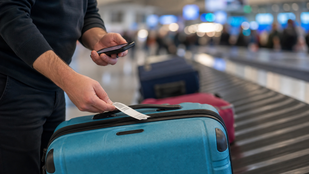 Persona verificando la etiqueta de una maleta azul en la zona de recogida de equipaje de un aeropuerto. zona2.devbluedevs.com